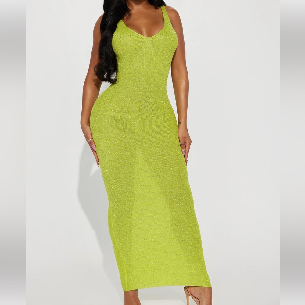 Fashion Nova XL lime green knit sparkle dress